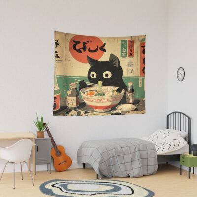 Kawaii Kuro Neko Ramen Run Tapestry