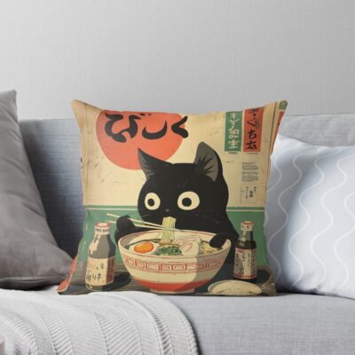 Kawaii Kuro Neko Ramen Run Throw Pillow